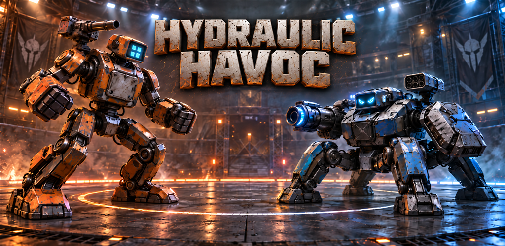 Two heavily armored Hydraulic Havoc robots facing off in an illuminated arena